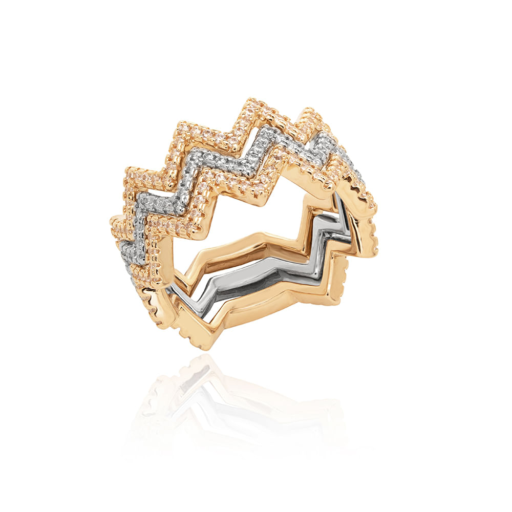 Trio de Anéis Zig Zag com Zircônias Brancas - Banhos de Ouro 18k e Ródio Branco